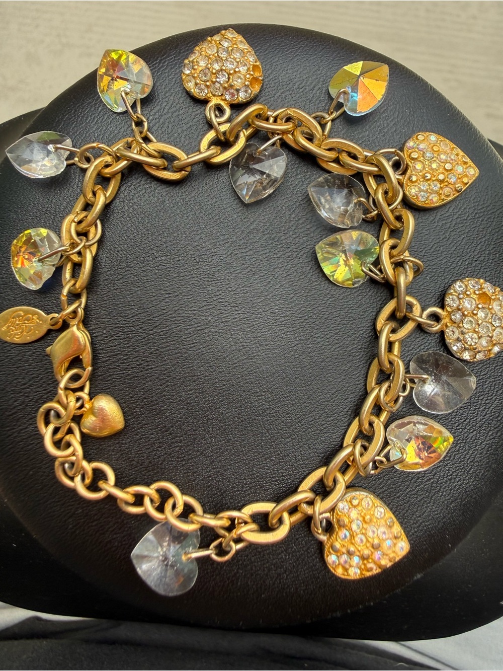 Vintage Kirks Folly Gold Tone Crystal Heart Charm Bracelet Signed As-Is